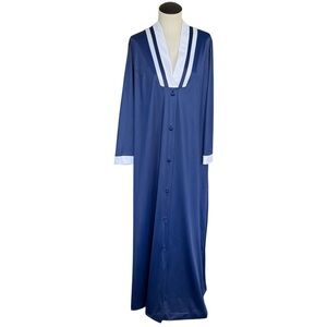 Vintage 1970s JCPenny Nylon Robe Navy Blue White Maxi Housecoat Hostess Gown M